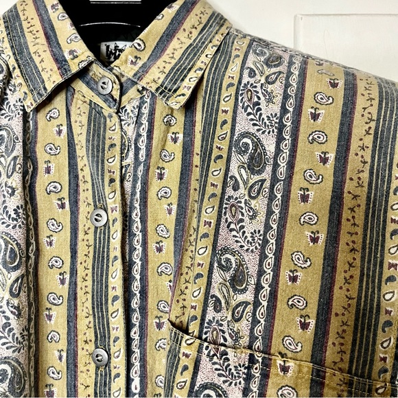 Vintage 90s Sudden Impact Paisley Western Striped Chambray Denim Button Up Shirt - Picture 2 of 5